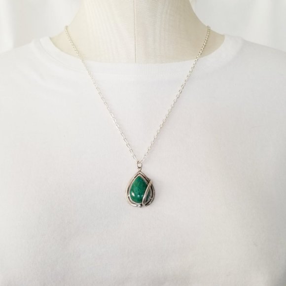 Teal Green Blue Agate Teardrop Gemstone & Sterling Necklace - Picture 12 of 14